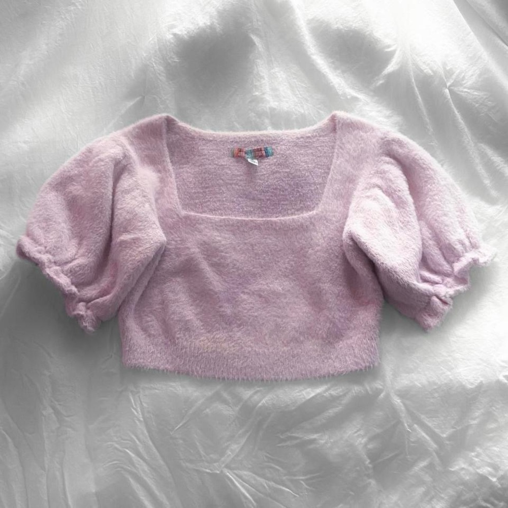 Urban Outfitters Pink Puff Sleeve Square Neck Knit Soft Sweater Top Medium